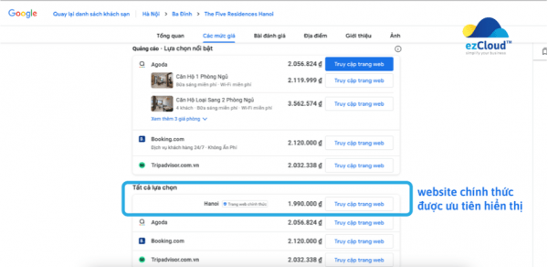 Website khách sạn được ưu tiên hơn
